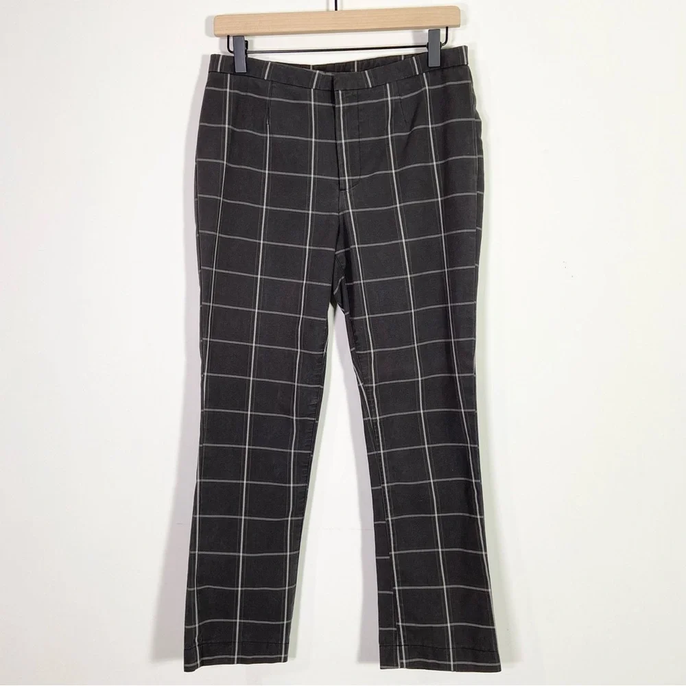 Free People Black White Windowpane Plaid High Rise Straight Leg Trouser Pants